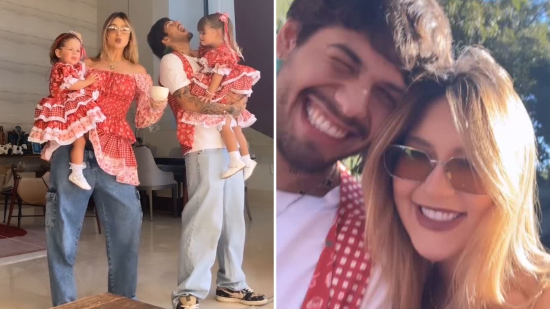 Virginia combina looks juninos com família para primeiro evento escolar da filha