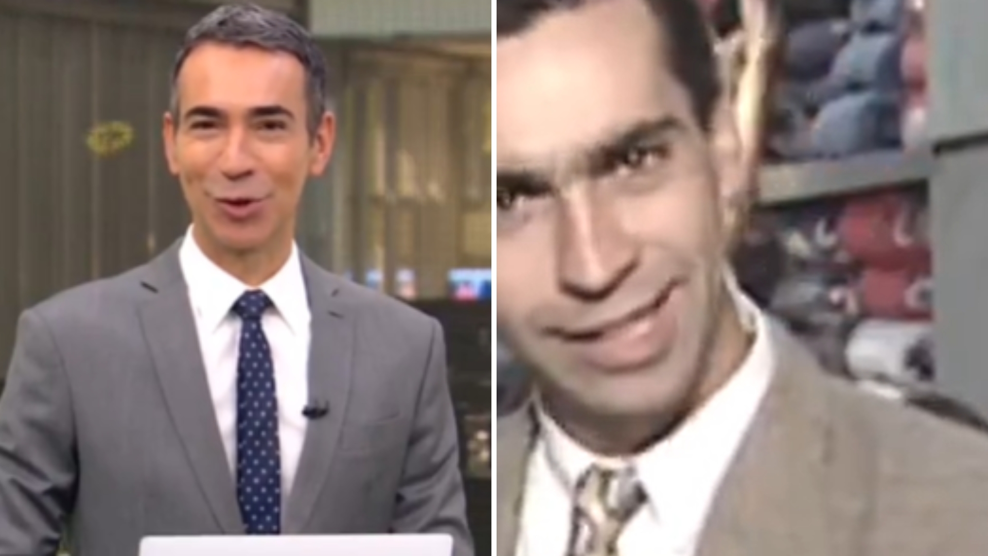 César Tralli revê matéria de 30 anos atrás e brinca sobre o próprio visual: “Podia?”