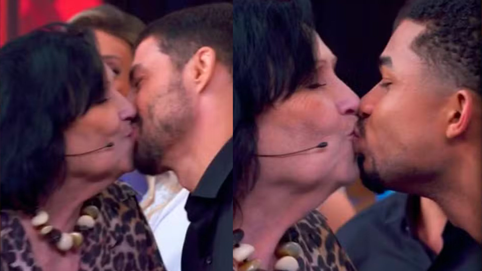 Dona Déa rouba a cena e dá beijão em Cauã Reymond e Juan Paiva no ‘Domingão’