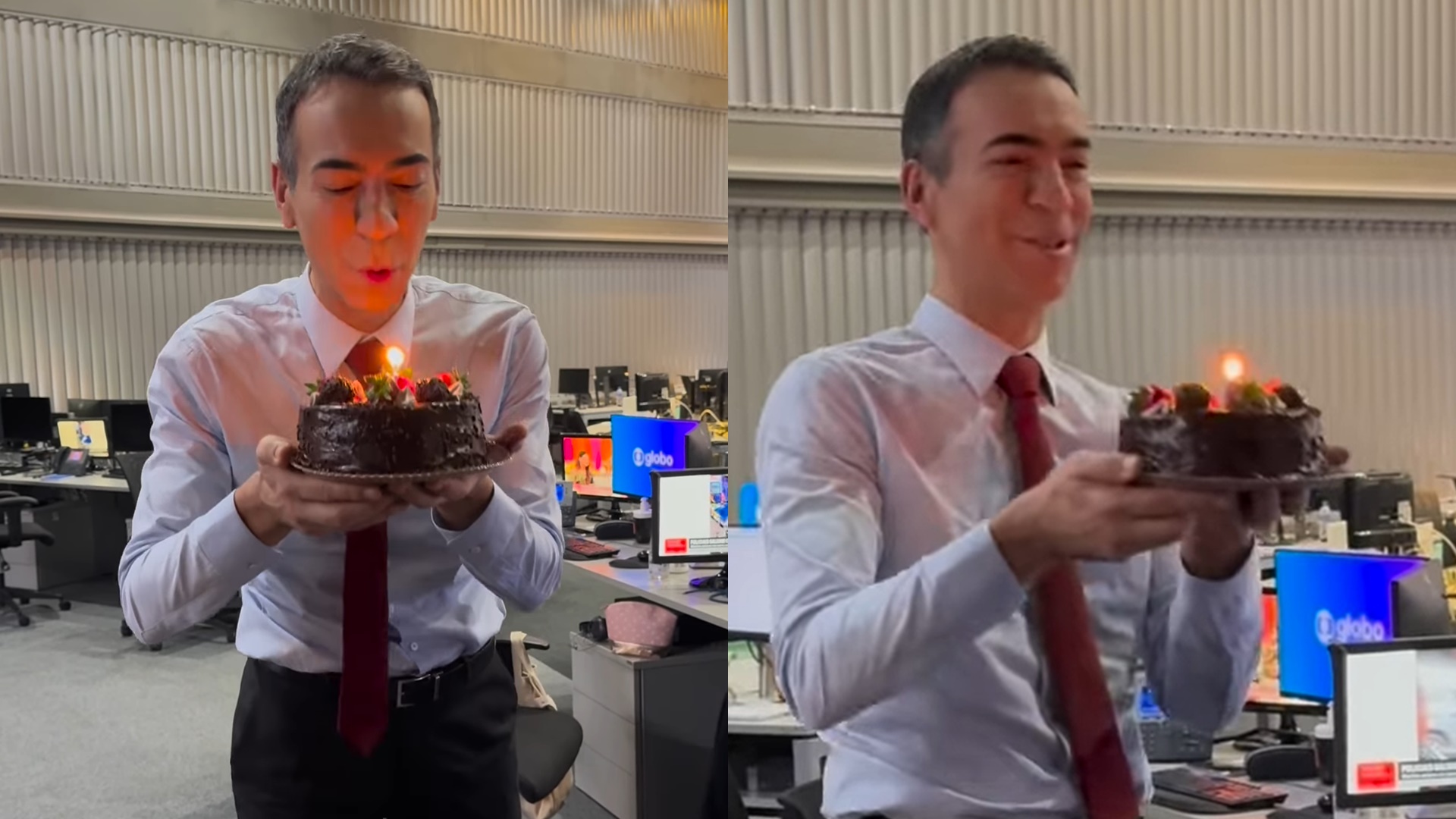 Cesar Tralli ganha festa de aniversário surpresa na Globo e se emociona: ‘Não é fácil’