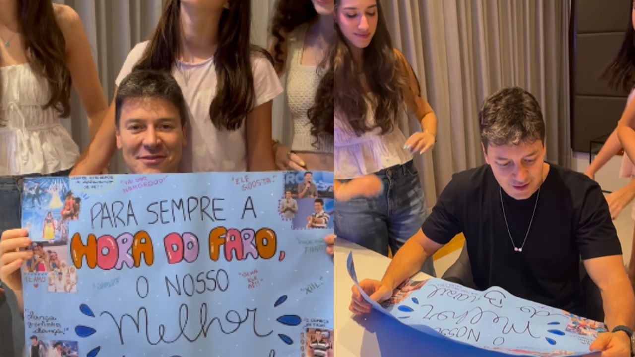 Rodrigo Faro é surpreendido por filhas com homenagem após saída da Record: ‘Obrigado’