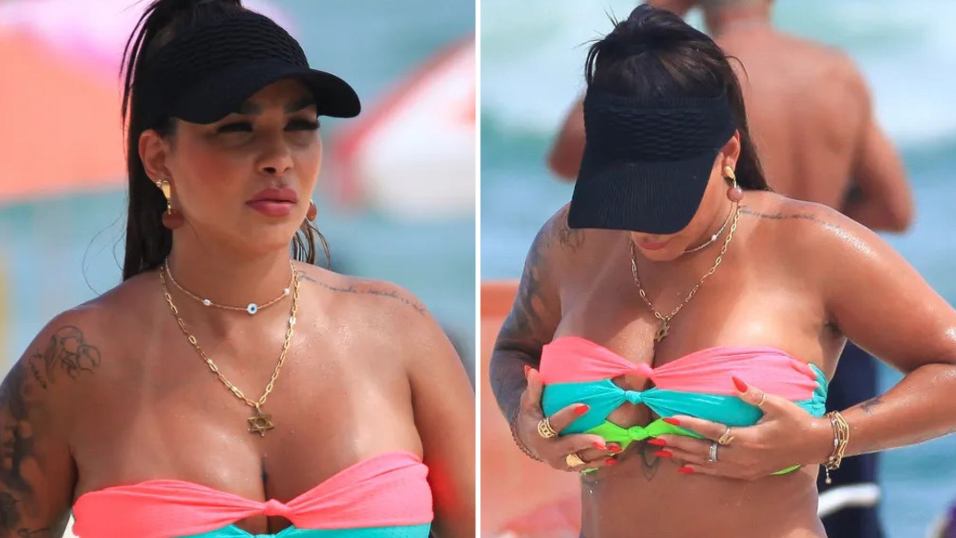 Jenny Miranda segura biquíni após banho de mar e ostenta barriga negativa
