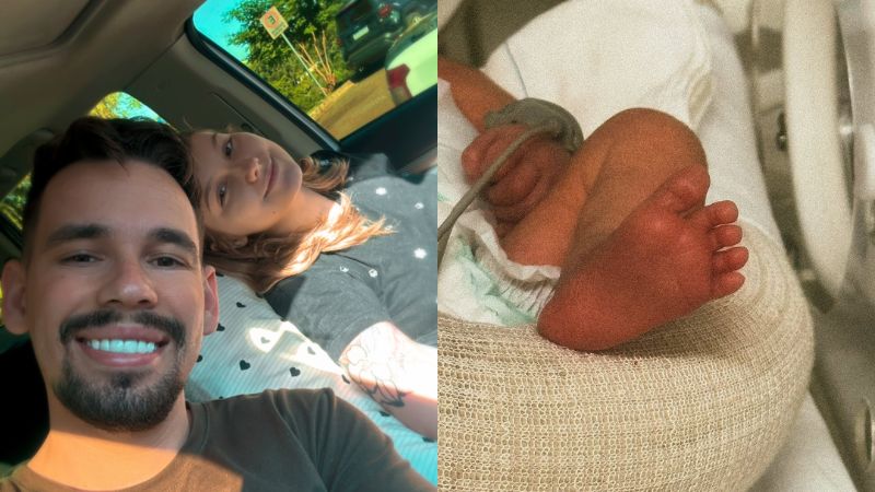 Isabel Veloso pega o filho no colo pela primeira vez quatro dias após parto prematuro