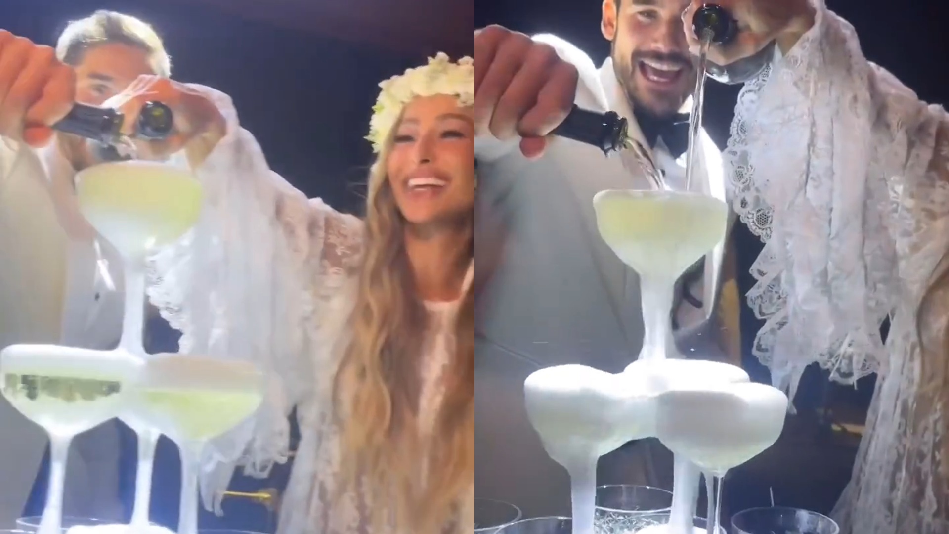 Sabrina Sato e Nicolas Prattes enchem taças e dão beijão em festa de casamento