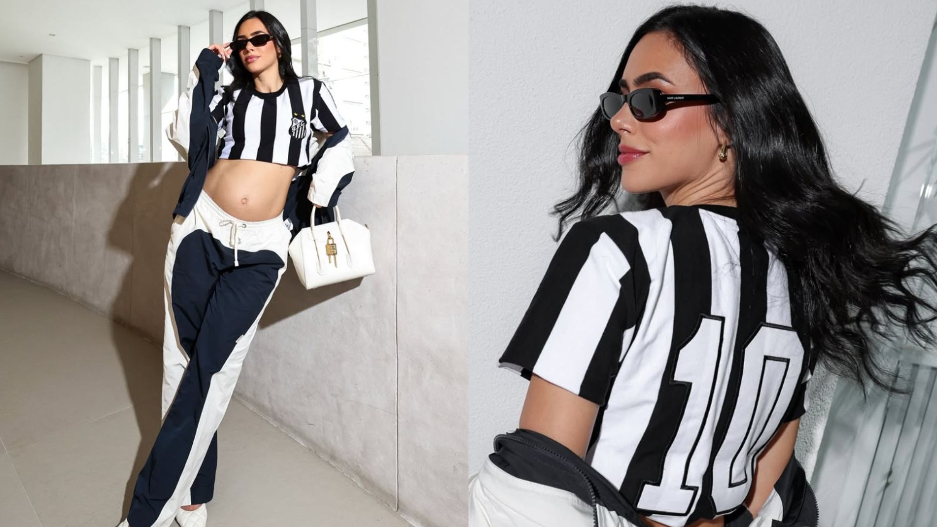 Bruna Biancardi aposta em look fashionista com uniforme do Santos ao retornar ao Brasil