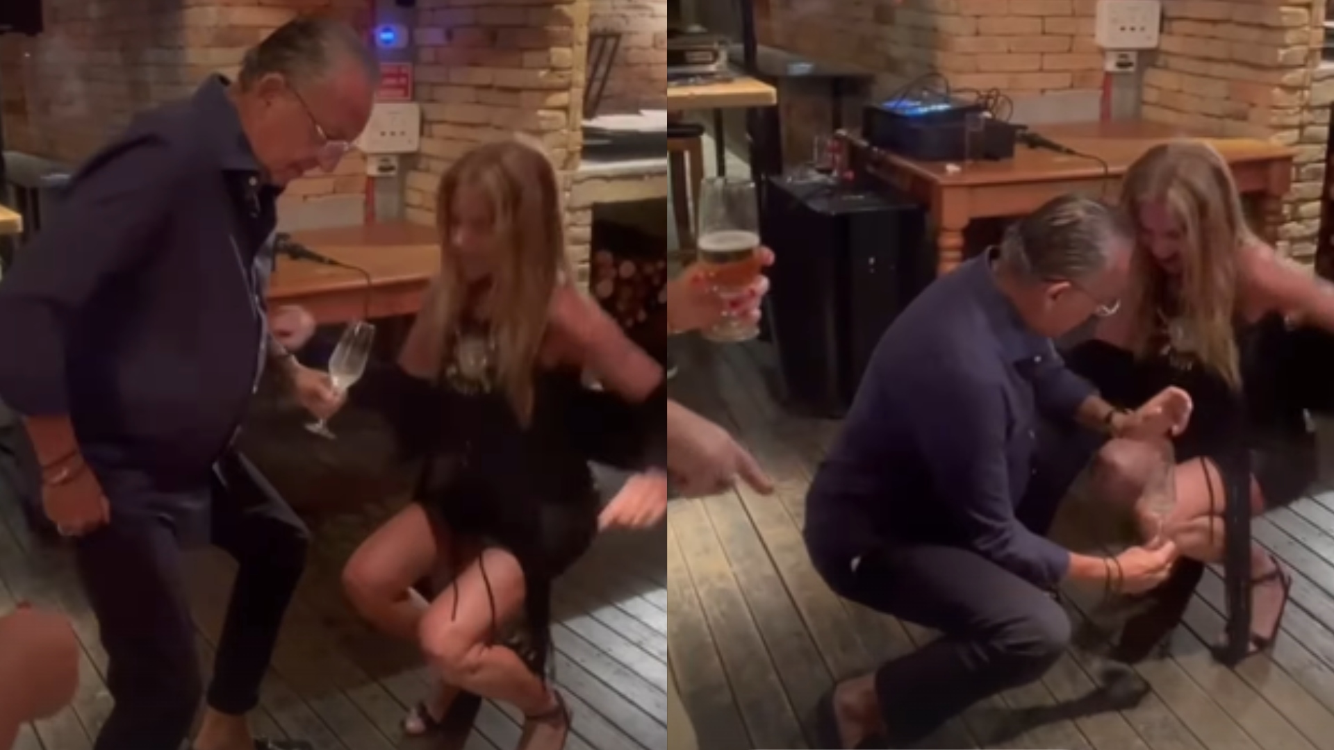 Com taça na mão, Galvão Bueno desce até o chão ao lado da esposa e mostra gingado