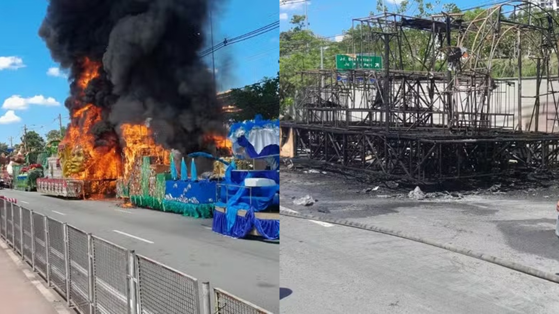 Carros alegóricos de escola de samba são carbonizados durante incêndio em São Paulo