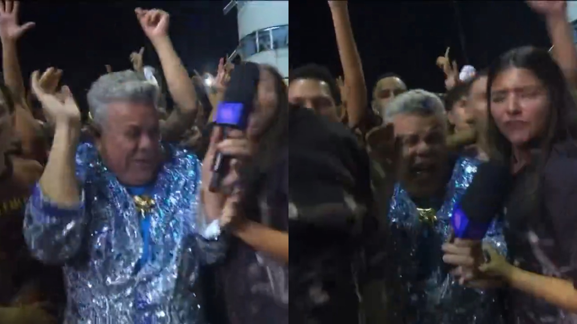 Milton Cunha se desespera ao ser ‘engolido’ por membros de escola de samba: ‘Me larga’