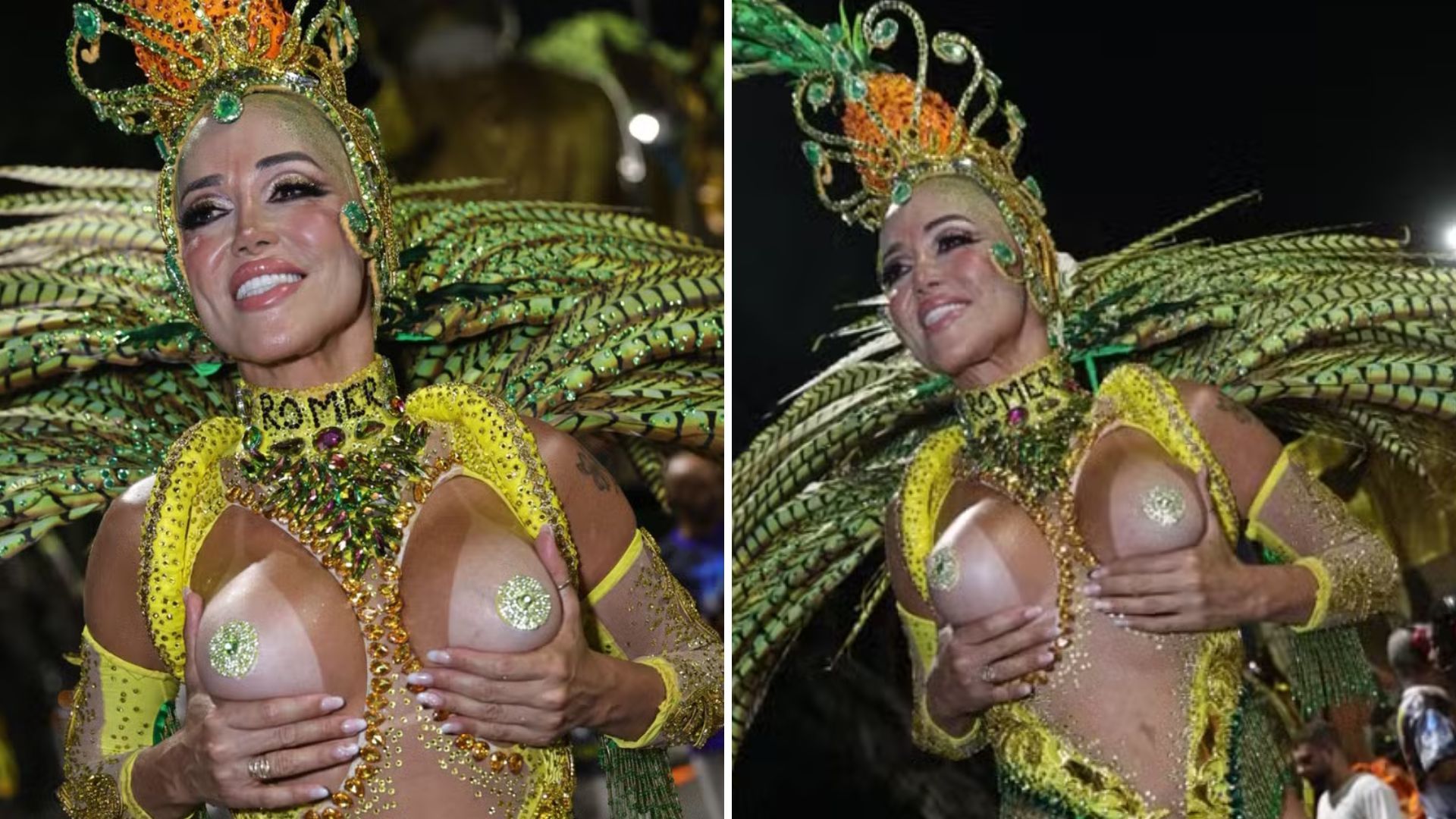 Oi? Mulher Abacaxi desfila de coleira com o nome do namorado no Rio: ‘A gente está brigado’