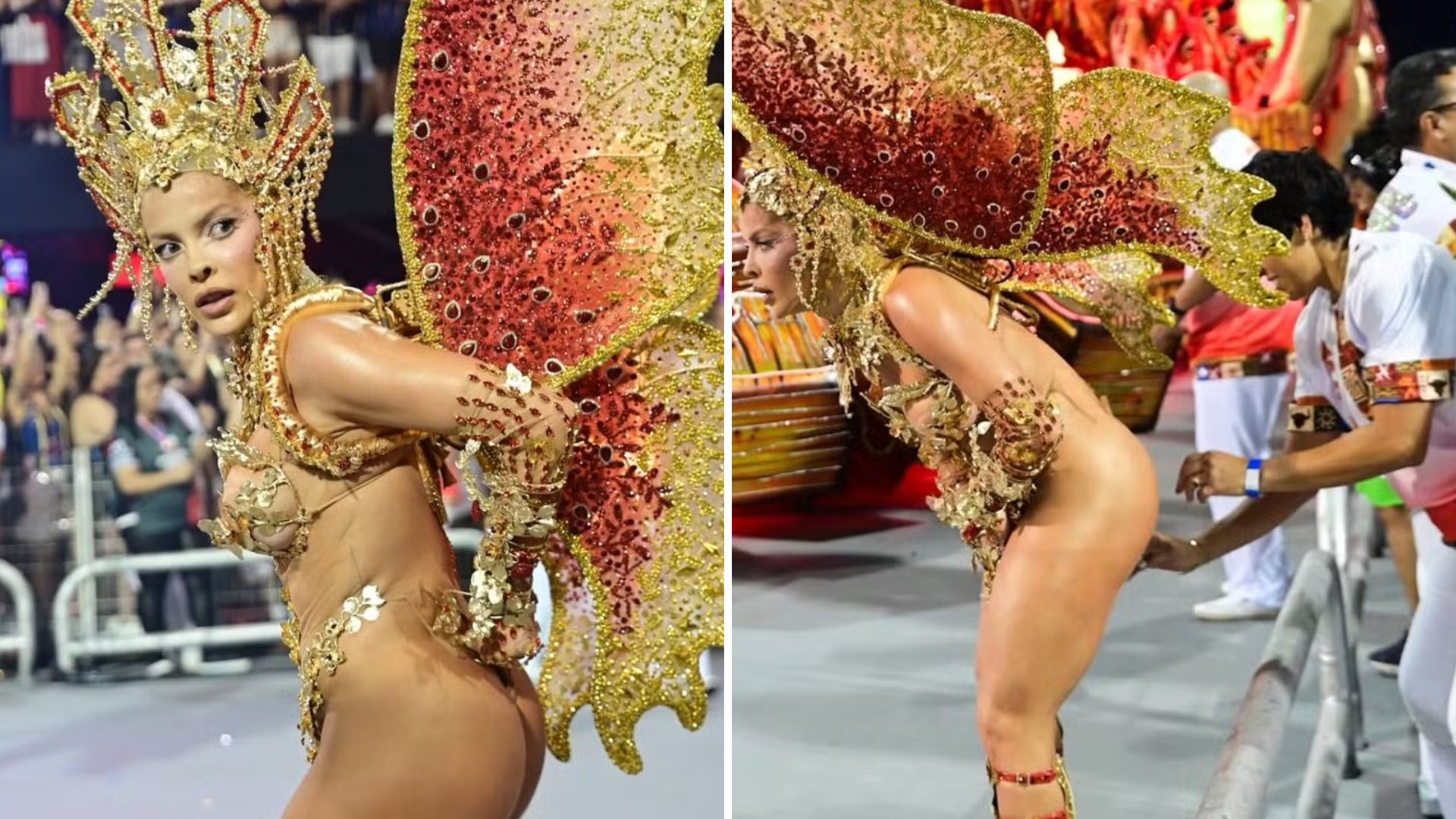 Quebrou! Fantasia de Jaquelline Grohalski rasga no meio da avenida no Carnaval de SP