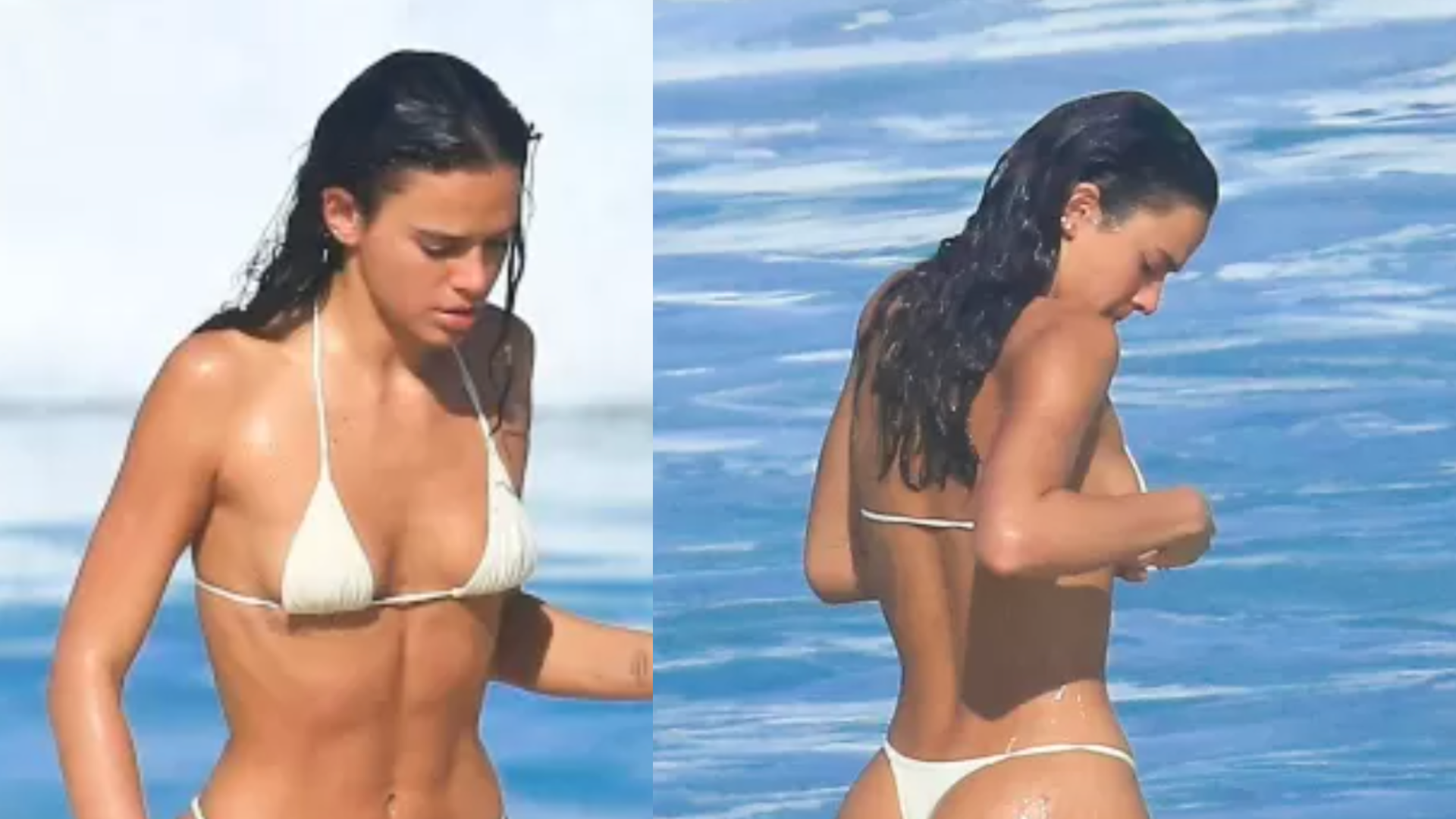 Corpo real! Atriz Bruna Marquezine atrai olhares de biquíni branco na praia