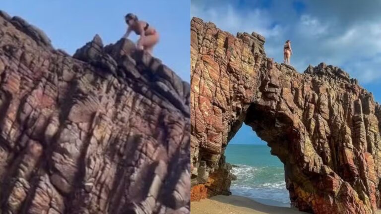 Tudo por like? Influenciadora ignora proibição e sobe na Pedra Furada de Jeri