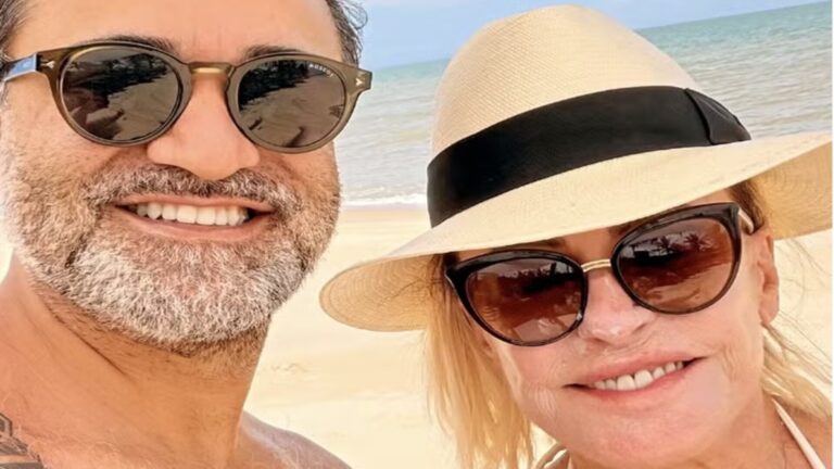 De biquíni branco, Ana Maria Braga aproveita descanso romântico com marido