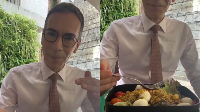 César Tralli mostra marmita nos bastidores da Globo e a web não perdoa: ‘Só tem ovo’