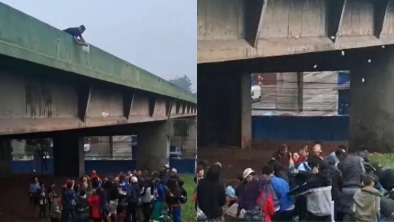 Chuva de dinheiro! Empresário protesta contra corrupção e joga cédulas de ponte