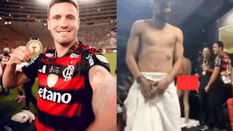 Vídeo Jogador do Flamengo aparece pelado no vestiário durante comemoração do título