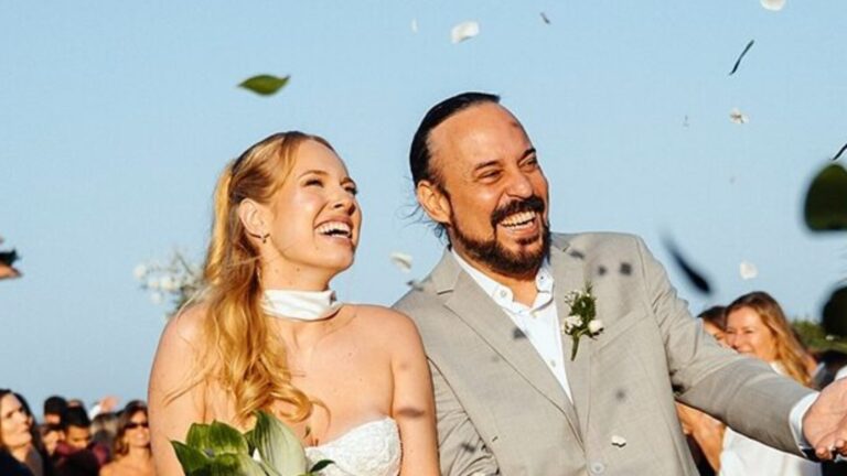 27 anos mais nova, noiva de Gabriel O Pensador rouba a cena e vestido dá o que falar