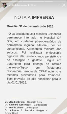 Novo boletim médico revela estado de saúde de Bolsonaro
