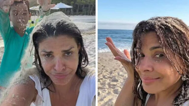 Mara Maravilha brinca com filho único na praia e toma ‘areia na cabeça’