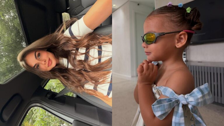 Amanda Kimberlly exibe cliques inéditos de filha com Neymar e web reage: ‘A cara…’