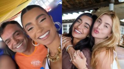 Bruna Marquezine e amigos sorriem em fotos de momentos descontraÃdos. A atriz aparece em duas imagens, uma com um homem e ou…