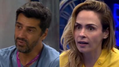 Homem e mulher em close-up, possivelmente em um programa de TV ou reality show. A mulher parece surpresa.
