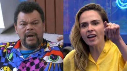 Homem e mulher em momento de tensão e discussão, possivelmente em um reality show.