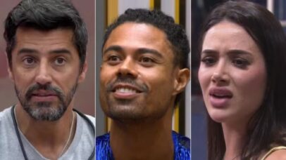 Três participantes do BBB 23: Gabriel Santana, Fred Nicácio e Bruna Griphao em um momento de tensão no reality show.