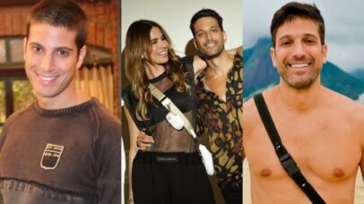 Montagem com fotos de André Marques em diferentes fases da vida, incluindo uma com a atriz Giovanna Ewbank.