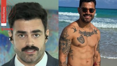 Montagem com apresentador da GloboNews e homem com tatuagens na praia. Foto: Reprodução/Redes Sociais