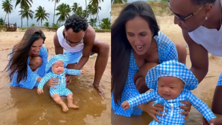 Carol Peixinho e Thiaguinho combinam looks em banho de mar com o filho e web reage: ‘Exagerou’
