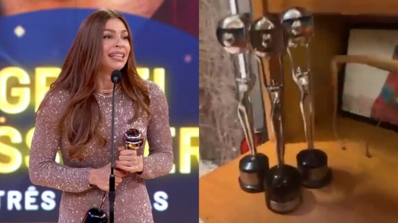 Grazi Massafera mostra troféus que venceu no Melhores do Ano