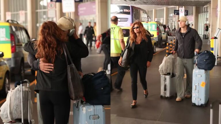 Atriz de ‘Coração Acelerado’ recebe namorado com beijos em aeroporto do Rio