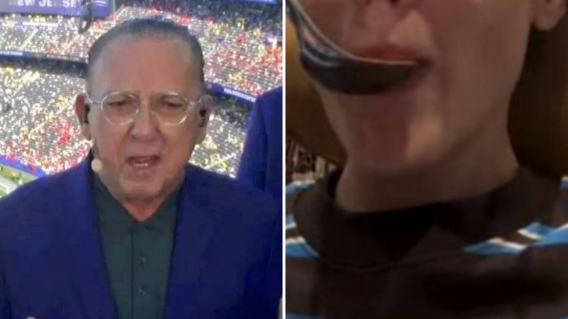 Atriz de 'Coração Acelerado' é flagrada vendo jogo do Brasil no SBT com Galvão Bueno