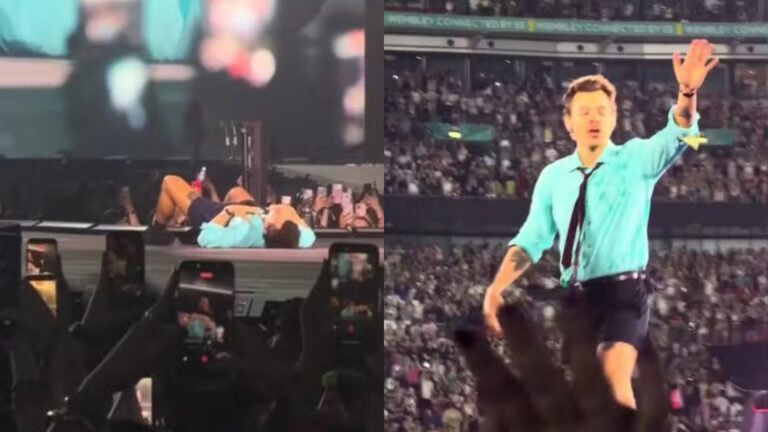 Harry Styles se engasga durante show, cai no chão e causa pânico em fãs: ‘Assustador’