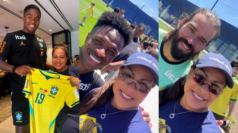 Endrick com a mãe, Cíntia Ramos, Vini Jr. e Alisson Becker
