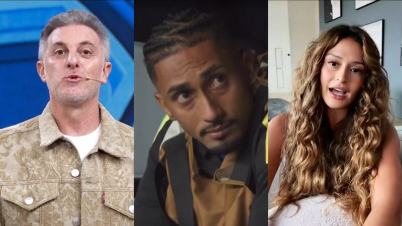 Luciano Huck, Raphinha e a esposa do jogador, Taia Belloli, no Domingão
