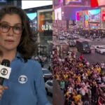Brasileiros surpreendem Renata Vasconcellos durante cobertura da Copa do Mundo para o JN; assista