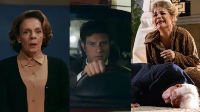 Diná (Rosi Campos), Pedro (Chay Suede); ao lado, Arthur (Antonio Fagundes) encontrado morto e Pilar (Isabel Teixeira) em 'Quem Ama Cuida' (Reprodução/Globo)