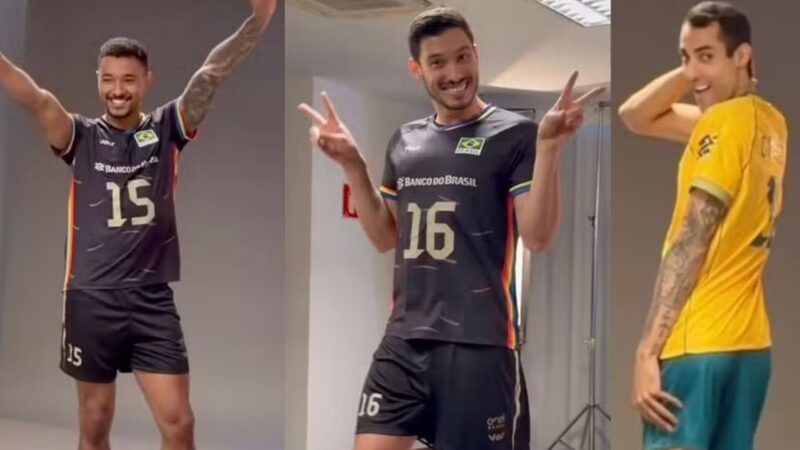 Maique Reis, Douglas Pureza e Douglas Souza durante as fotos da seleção — Foto: Reprodução/Instagram
