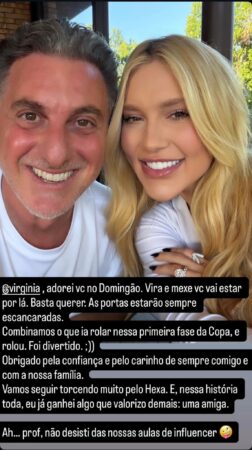 Após Virginia deixar quadro do 'Domingão', apresentador Luciano Huck manda recado para a influenciadora nas redes sociais