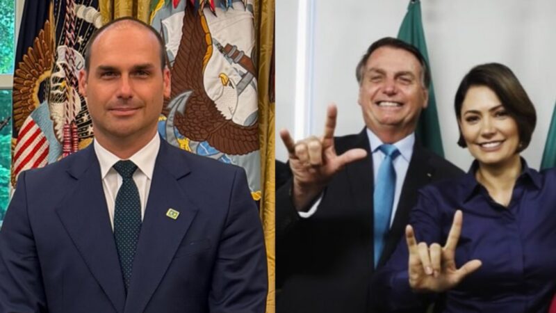 Eduardo Bolsonaro; Jair Bolsonaro e Michelle Bolsonaro (Reprodução Redes Sociais)