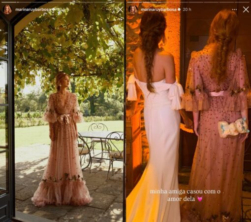 Atriz Marina Ruy Barbosa usa vestido luxuoso em casamento de amiga e rouba a cena