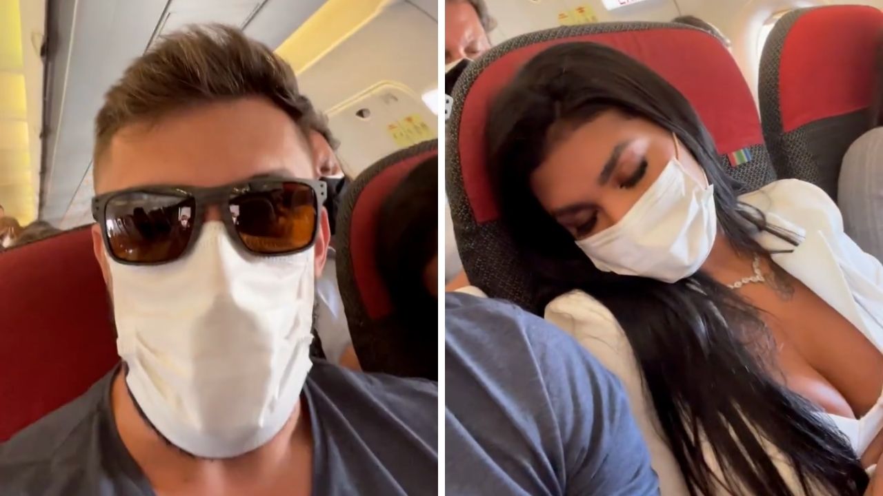 Fora do BBB21, Arthur faz vídeo com Pocah dentro de avião e alfineta: “Saiu da casa, mas está dormindo”