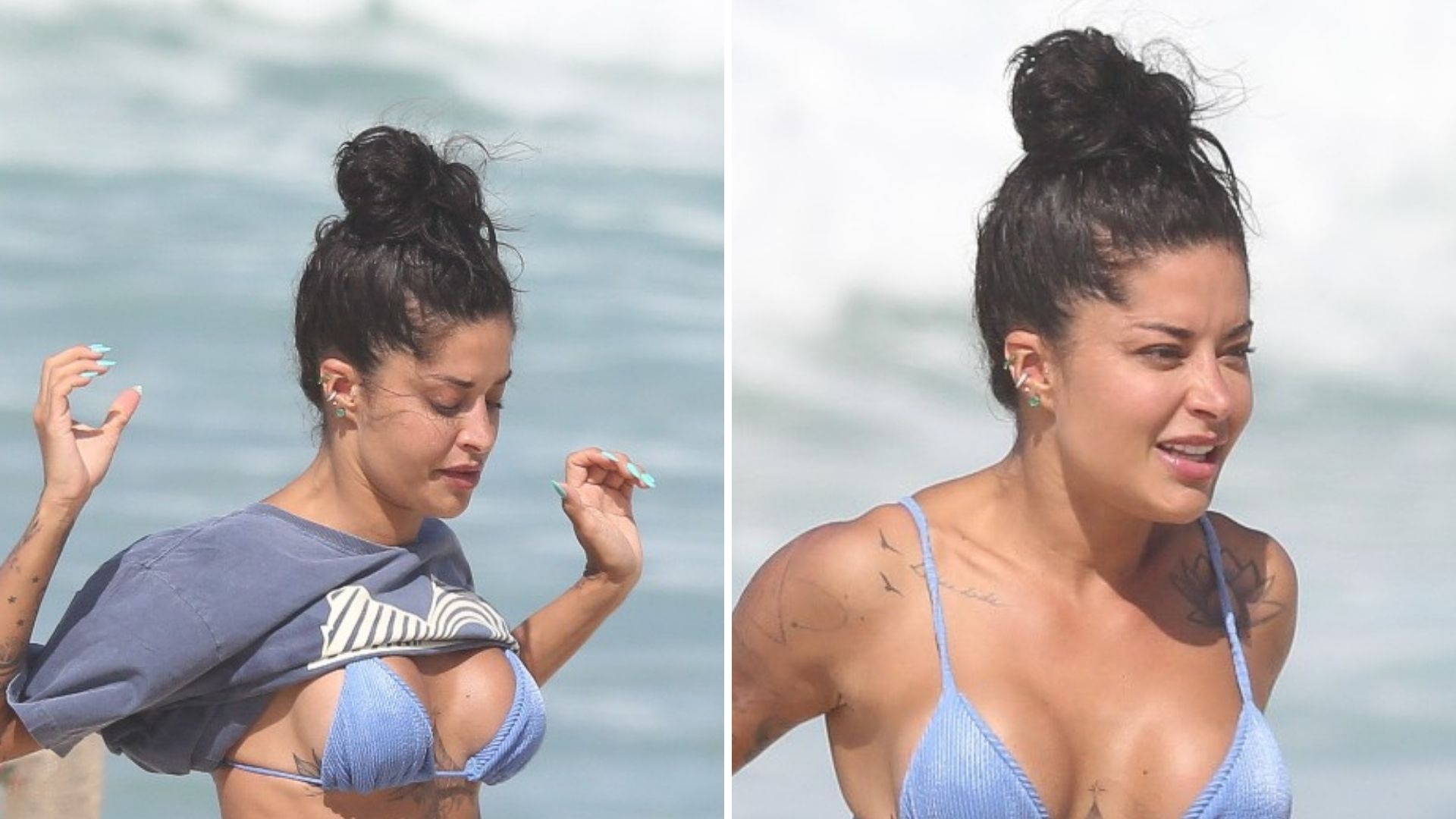 Aline Campos tira a camiseta, mostra fio-dental mínimo e exibe corpaço em praia