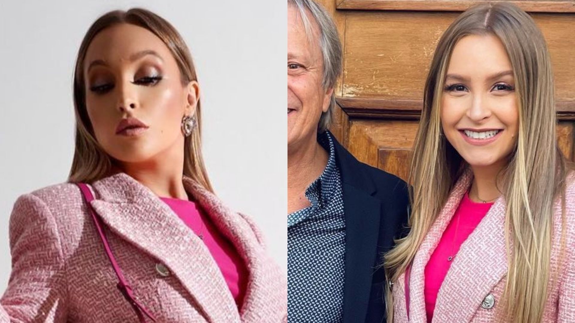 Carla Diaz vai ao casamento do pai com alfaiataria chique e deixa pernões de fora