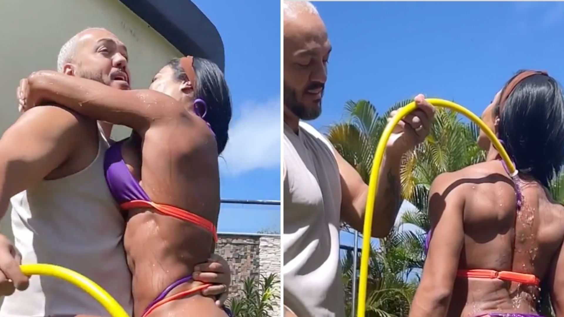 Pegou fogo! Belo dá banho de mangueira em Gracyanne Barbosa e troca carícias