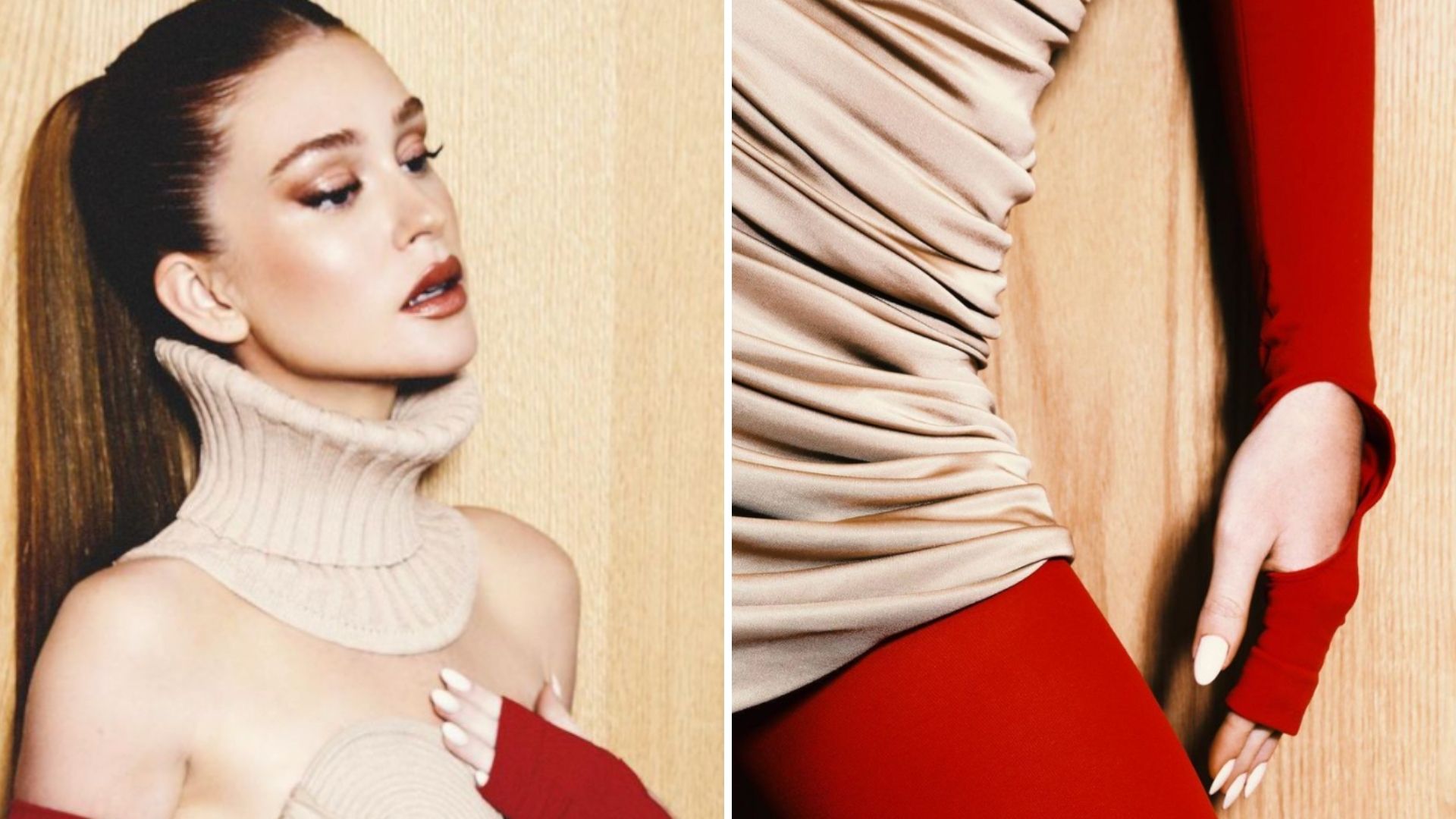 Marina Ruy Barbosa combina vestido nude com luvas vermelhas: “Poderosa”