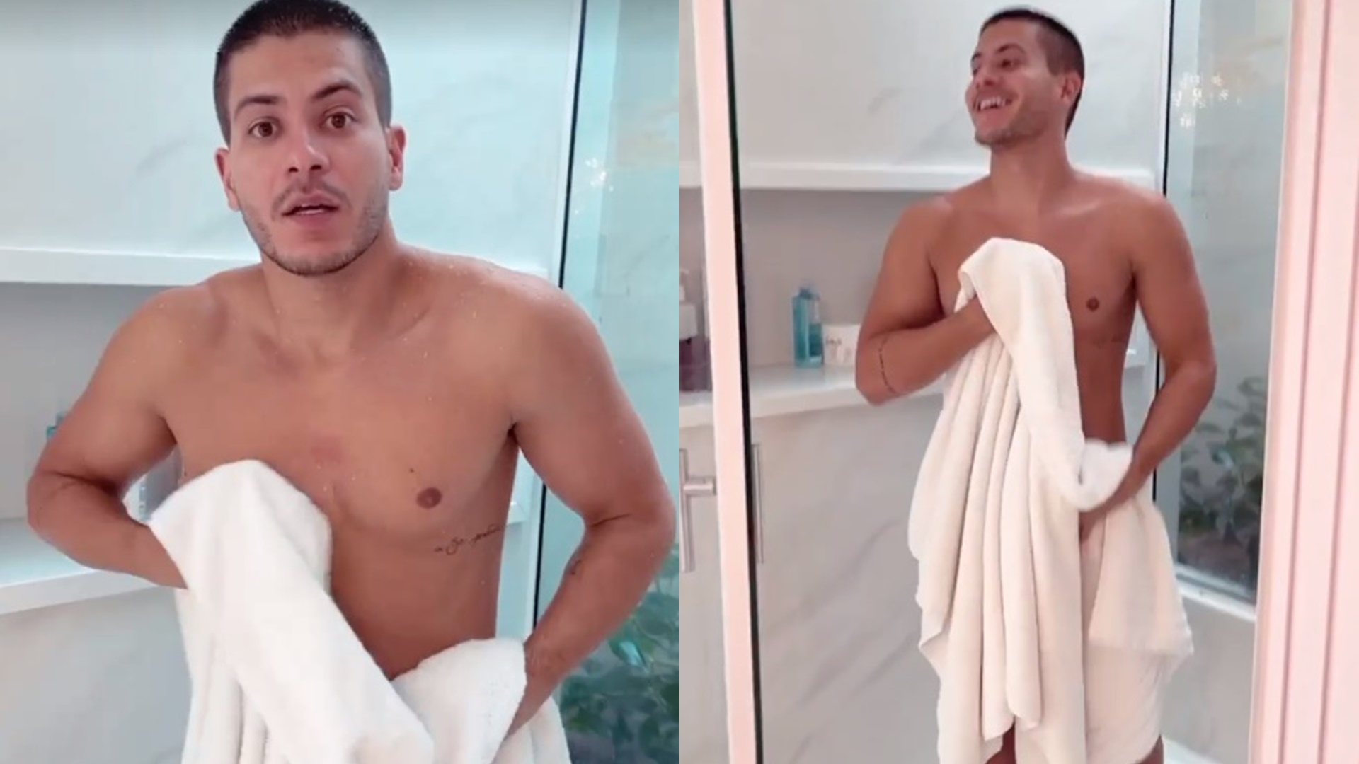 Maíra Cardi flagra primeiro banho de Arthur Aguiar em casa e ator reage: “Calma ae”
