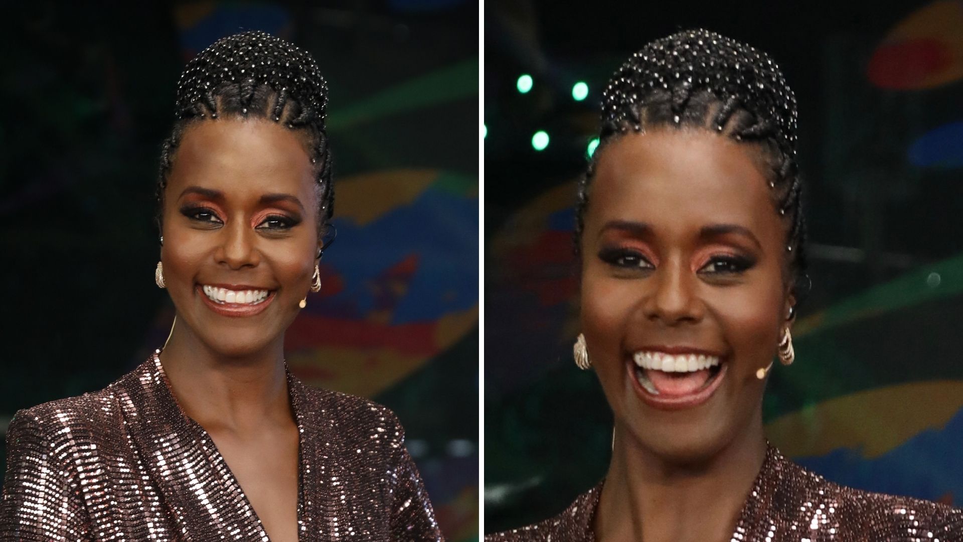 Maju Coutinho ousa e escolhe vestido metalizado e com decotão para a transmissão do Carnaval
